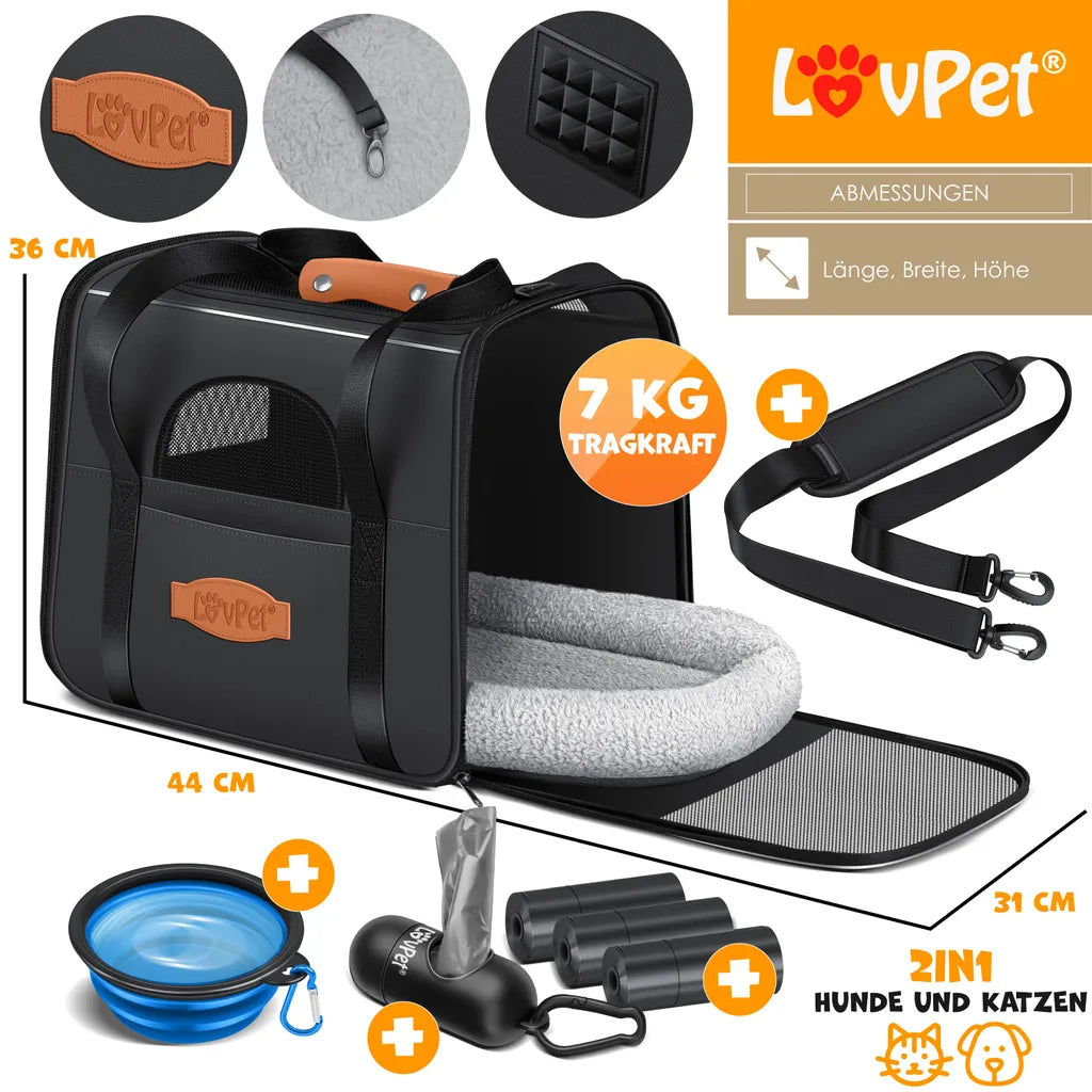  LOVPET® Hundebox Hundetasche Transportbox 2in1 Hunde & Katzentasche Hundetransportbox Inkl. Pet-Kissen + 3x Beutelrollen + Napf 44x31x36xm Transporttasche Für Haustiere, Haustiertransportbox, Farbe:Anthrazit