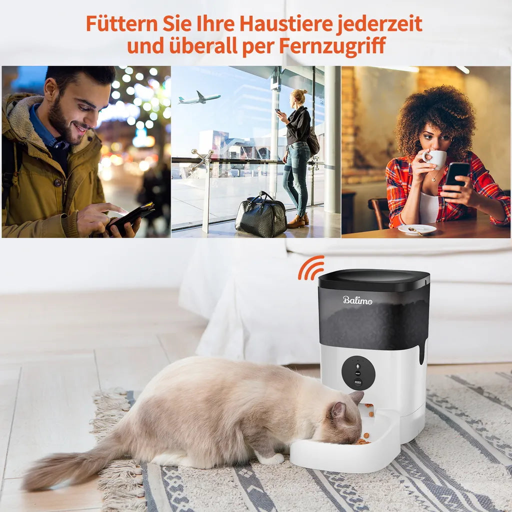  Balimo 4L Wifi Automatischer Futterautomat Für Katzen Und Hunde, 10s Soundaufnahmefunktion, 1-4 Mahlzeiten Pro Tag, Weiß+Schwarz