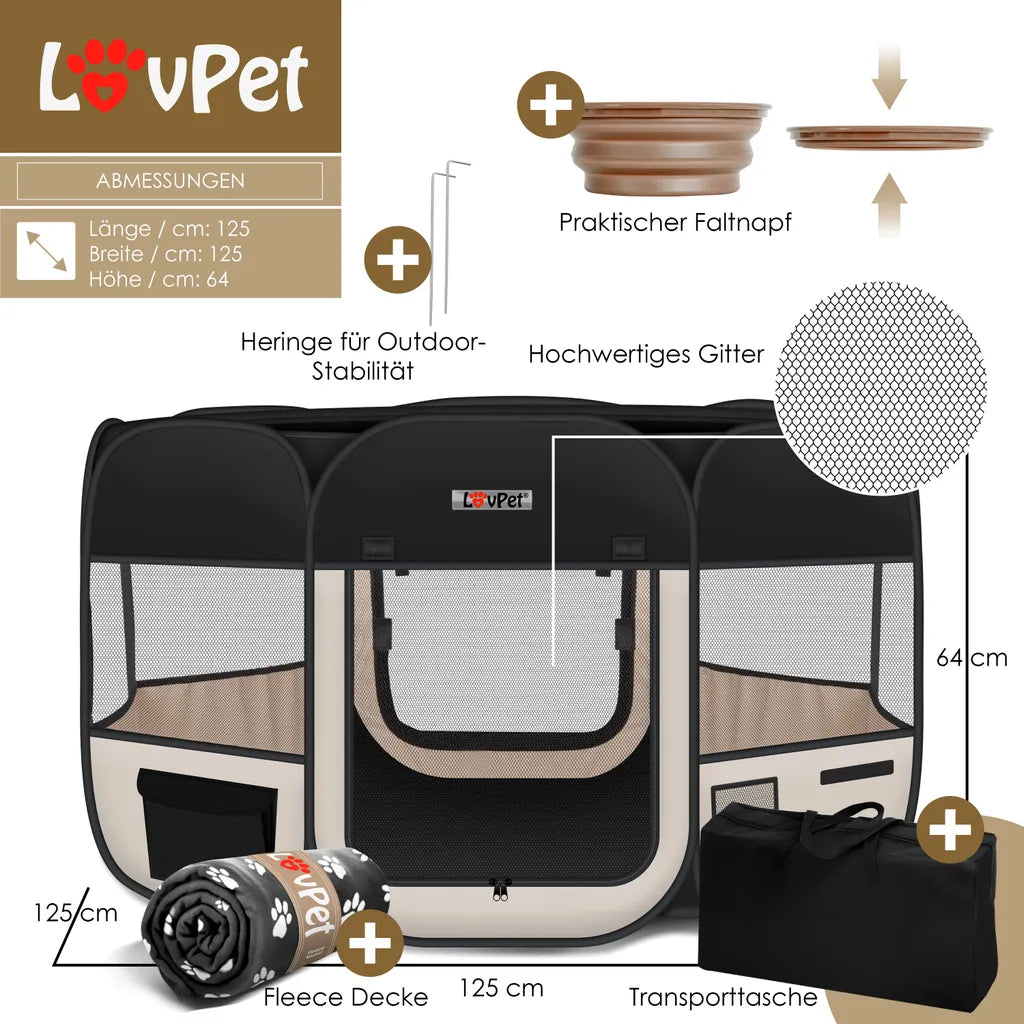  LOVPET® Welpenlaufstall Tierlaufstall Faltbar Für Kleintiere Hunde, Katzen Inkl. Hundenapf Hundelaufstall Freigehege Oxfordgewebe Pop-up System Indoor & Outdoor, Farbe:Schwarz / Beige