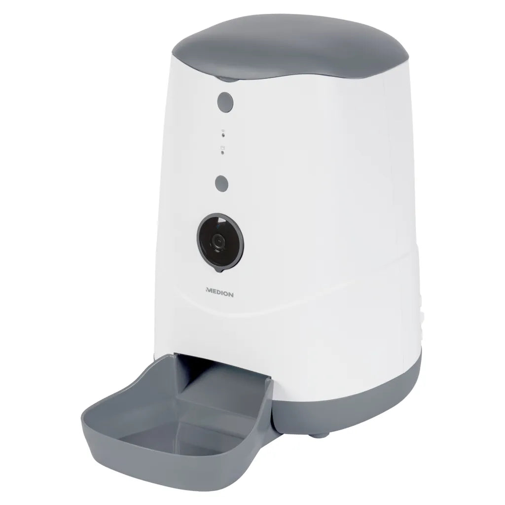  MEDION Smarter Futterautomat (Futterspender Für Hunde Und Katzen, Trockenfutter, Fütterungszeiten, Portionenanzahl, Steuerung Per App, HD-Video Kamera, MD60228)