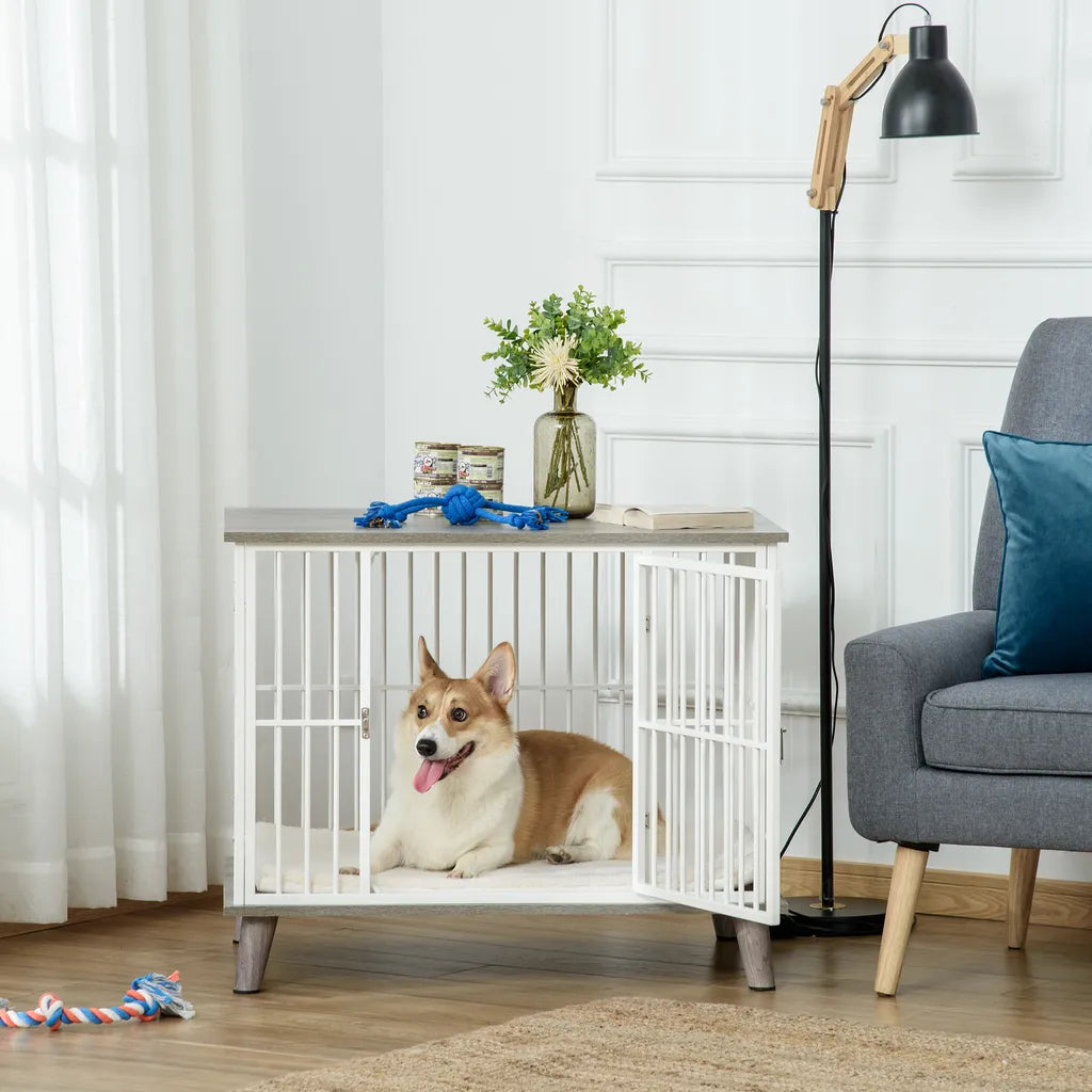  PawHut Hundekäfig Aus Holz Mit Kissen Tischoberfläche Erhöhtes Design Hundebox Für Mittelgroße Hunde Innen Zuhause Tierkäfig Haustier Weiß+Grau 86 X 60 X 70 Cm