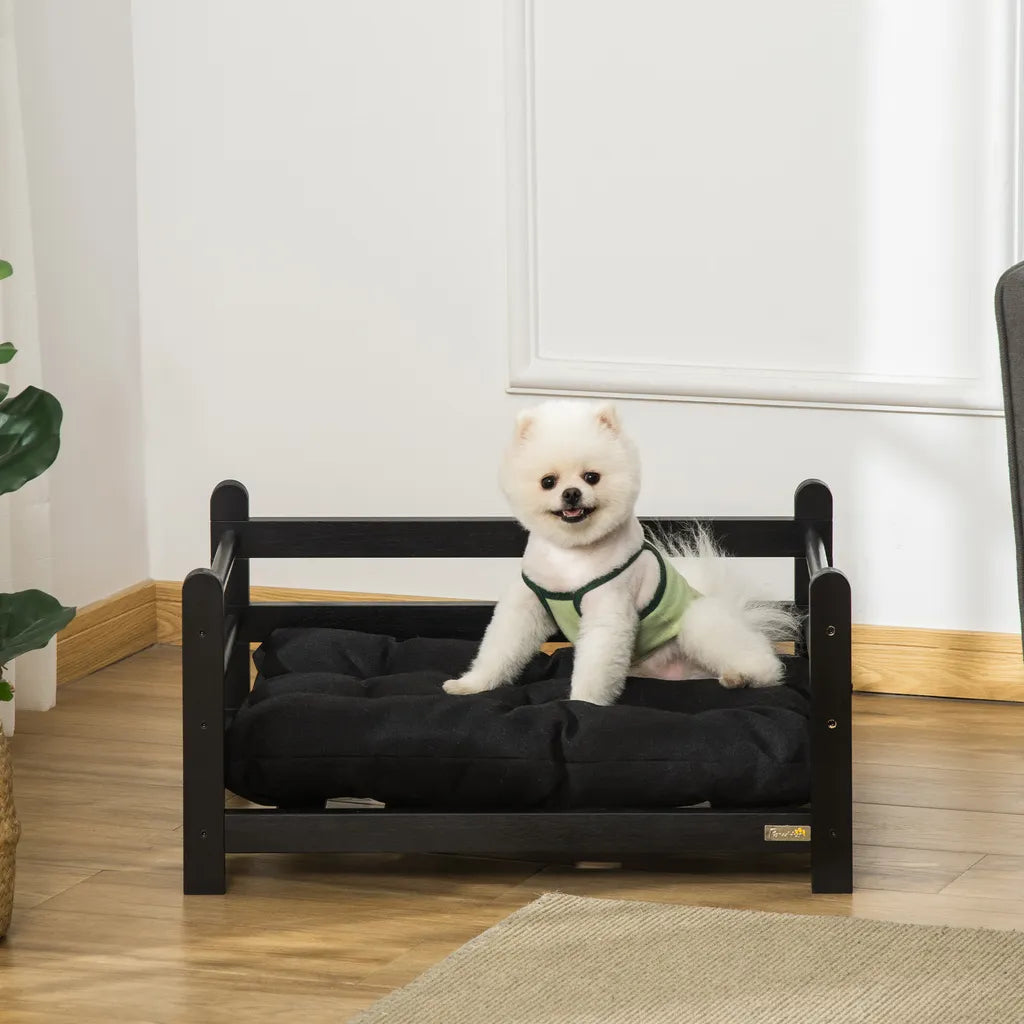  PawHut Erhöhtes Hundebett Mit Kissen Holzrahmen Haustierbett Hundeschlafplatz Für Kleine Hunde Schwarz 65 X 51 X 32 Cm