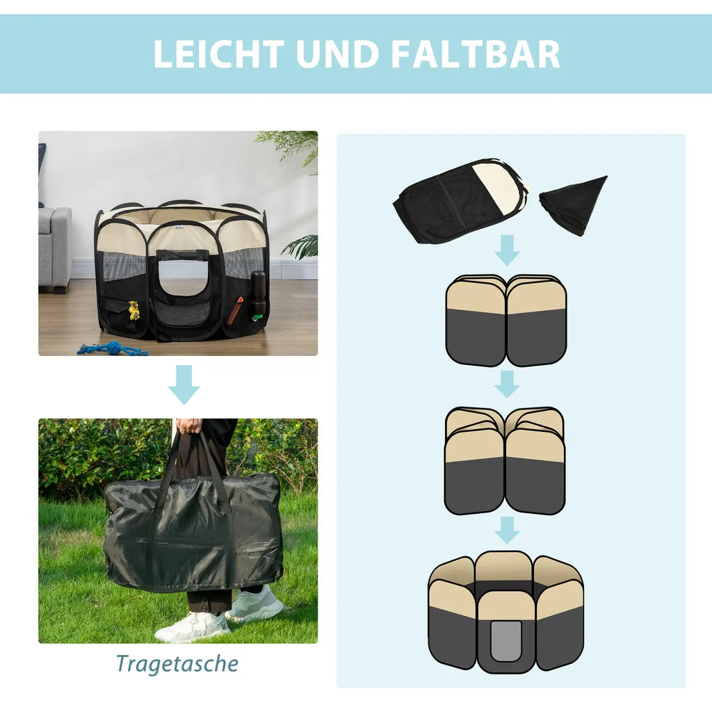  PawHut Welpenlaufstall Tierlaufstall Faltbarer Welpenauslauf Freigehege Laufstall Aus Oxfordstoff Für Kleine Hunde Und Katzen Wasserdicht Tragbar Cremeweiß+Schwarz 92 X 92 X 58 Cm