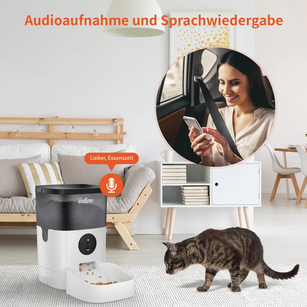  Balimo 4L Wifi Automatischer Futterautomat Für Katzen Und Hunde, 10s Soundaufnahmefunktion, 1-4 Mahlzeiten Pro Tag, Weiß+Schwarz