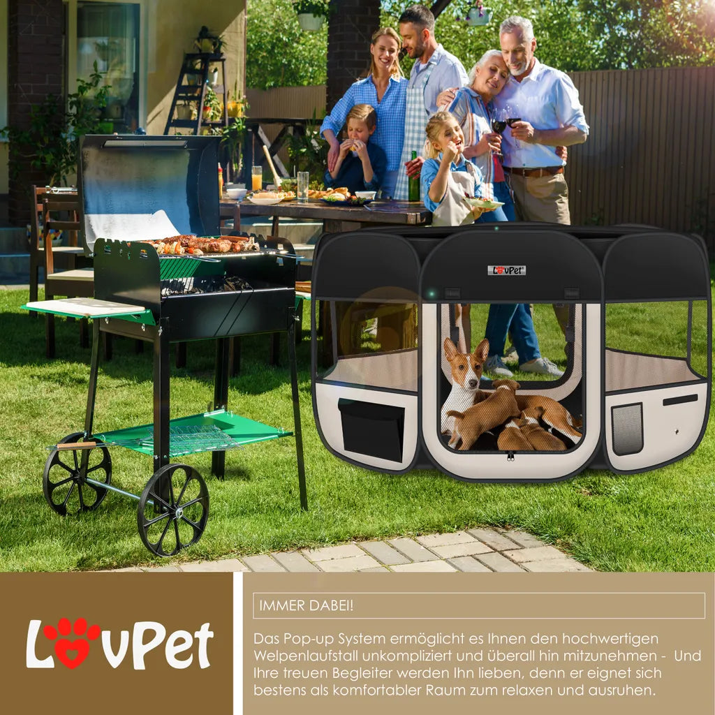  LOVPET® Welpenlaufstall Tierlaufstall Faltbar Für Kleintiere Hunde, Katzen Inkl. Hundenapf Hundelaufstall Freigehege Oxfordgewebe Pop-up System Indoor & Outdoor, Farbe:Schwarz / Beige