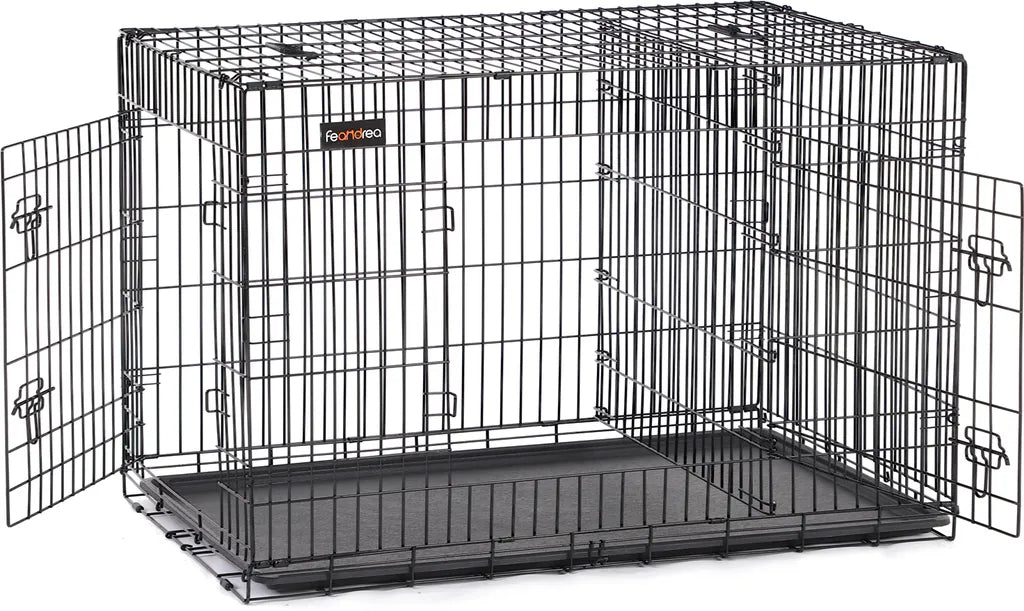  FEANDREA Hundebox Mit 2 Türen 122 X 74,5 X 80,5 Cm Hundekäfig Zusammenklappbar Schwarz PPD48BK