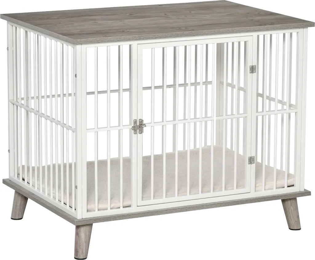 PawHut Hundekäfig Aus Holz Mit Kissen Tischoberfläche Erhöhtes Design Hundebox Für Mittelgroße Hunde Innen Zuhause Tierkäfig Haustier Weiß+Grau 86 X 60 X 70 Cm