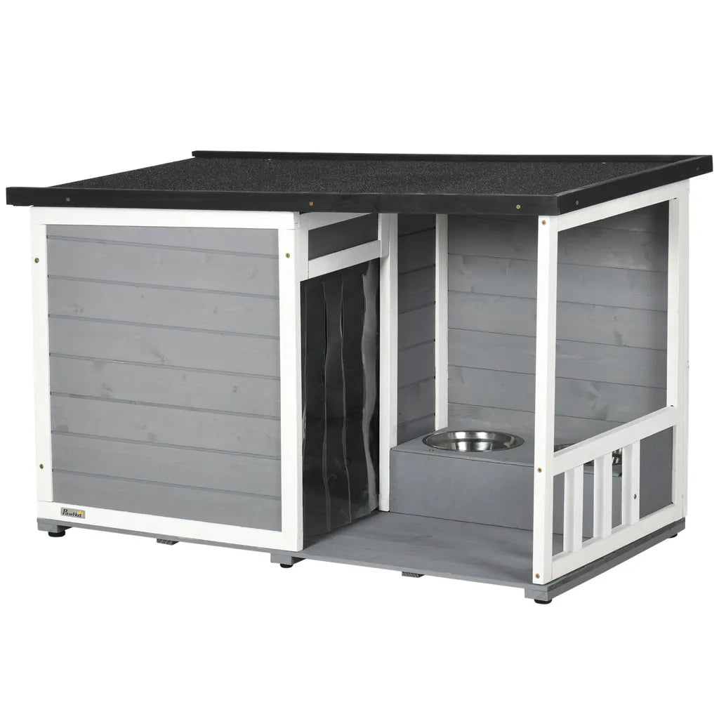  PawHut Hundehütte, Tannenholz, Hundehaus Mit 2 Schüsseln Und Terrasse, Kleintierhaus Für Kleine Hunde Mit Asphaltdach, Erhöhtes Design, Outdoor, Wetterbeständig, Grau, 103 X 62 X 60-66 Cm