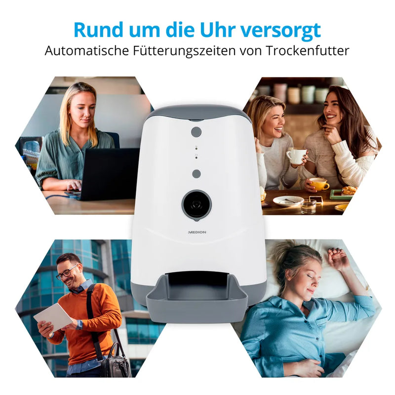  MEDION Smarter Futterautomat (Futterspender Für Hunde Und Katzen, Trockenfutter, Fütterungszeiten, Portionenanzahl, Steuerung Per App, HD-Video Kamera, MD60228)