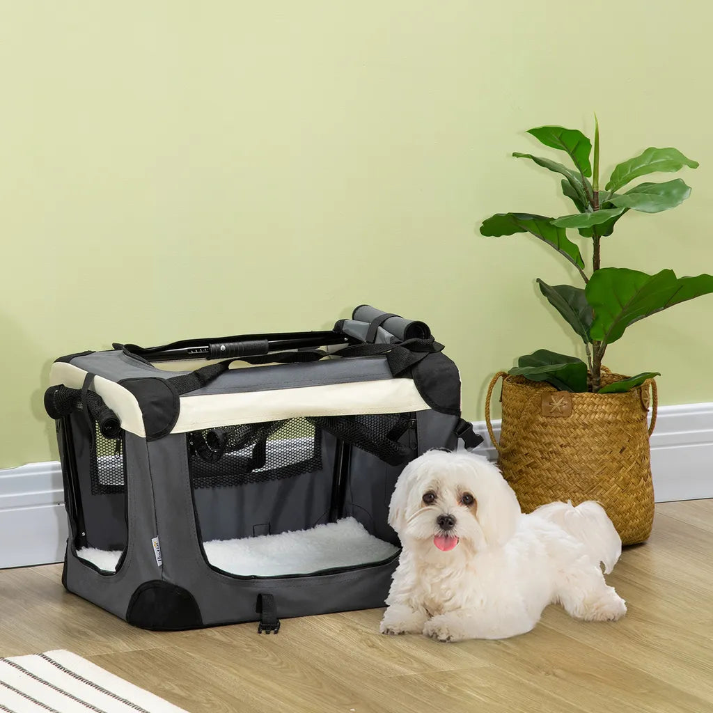  PawHut Hundetasche Transporttasche Faltbare Hundebox Mit Kissen Hundetragetasche Für Kleine Hunde Reisetasche Haustierrucksack Outdoor Oxfordstoff Grau+Schwarz 50,5 X 33,5 X 35 Cm