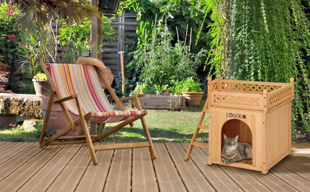  Cadoca Katzenhaus FSC®-zertifiziertes Holz 64,5x54,5x53,5cm 2-stöckig Leiter Balkon Indoor Outdoor Hundehütte Katzenvilla Tierhaus