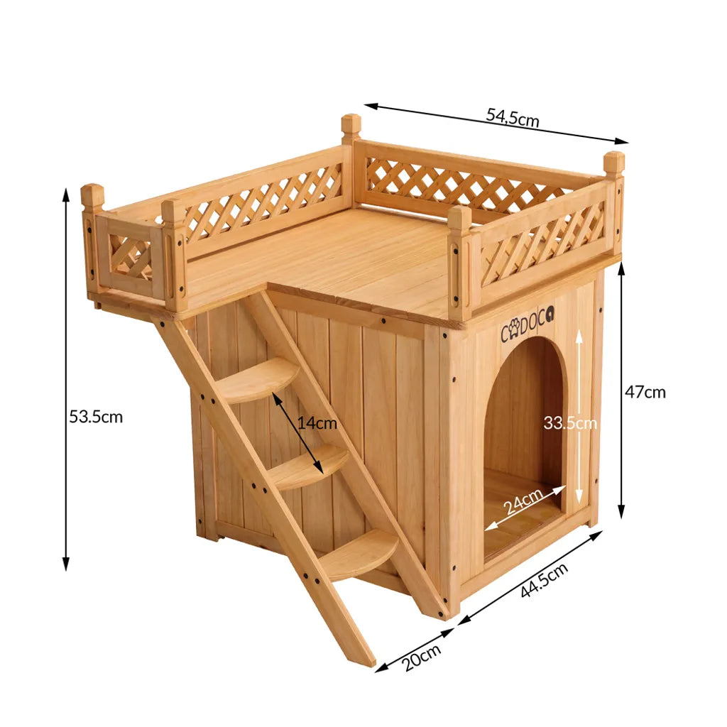  Cadoca Katzenhaus FSC®-zertifiziertes Holz 64,5x54,5x53,5cm 2-stöckig Leiter Balkon Indoor Outdoor Hundehütte Katzenvilla Tierhaus