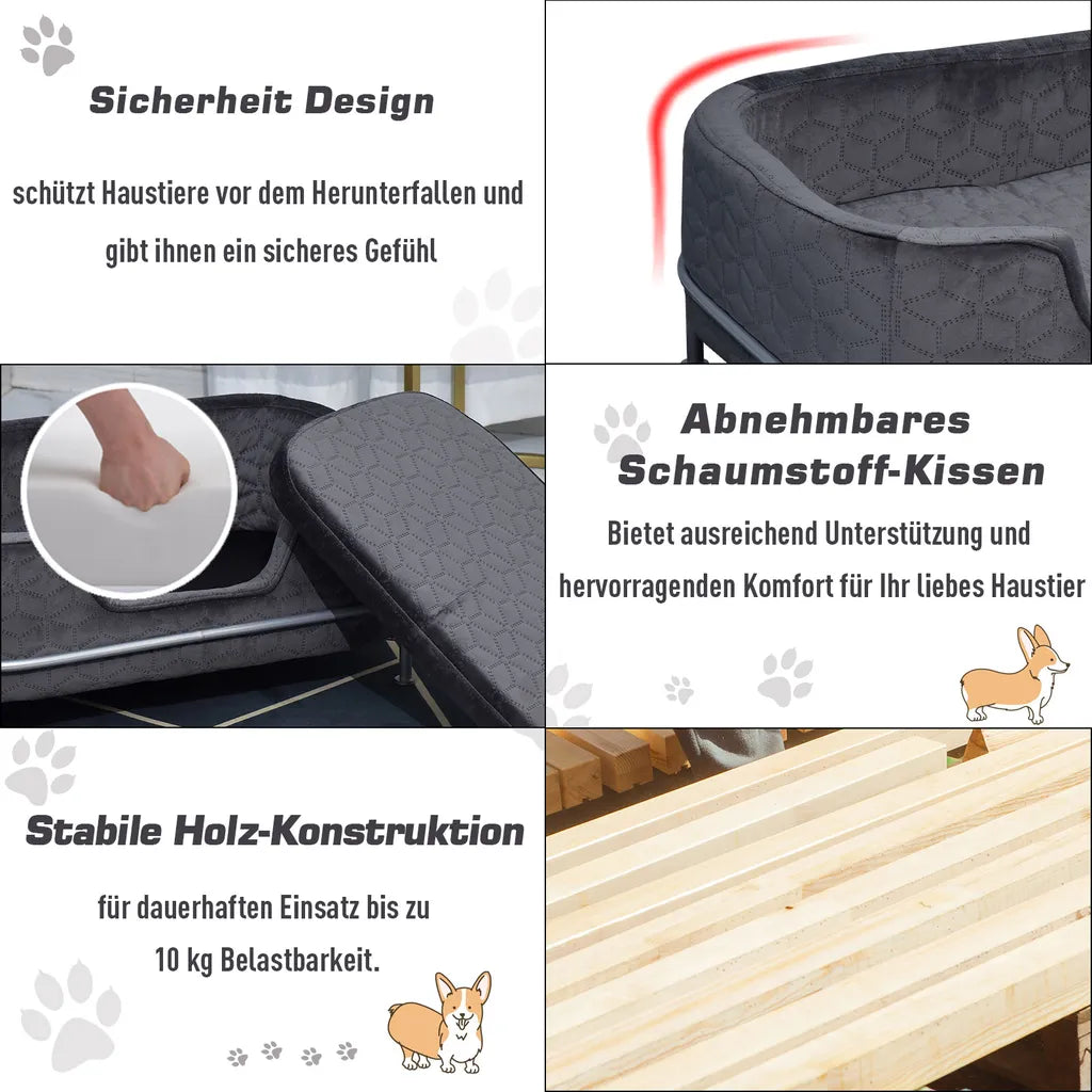  PawHut Hundesofa Mit Rückenlehne Haustiersofa Mit Metallbeinen Hundebett Weichem Bezug Katzensofa Metall Grau+Silber 63,5 X 43 X 24,5 Cm