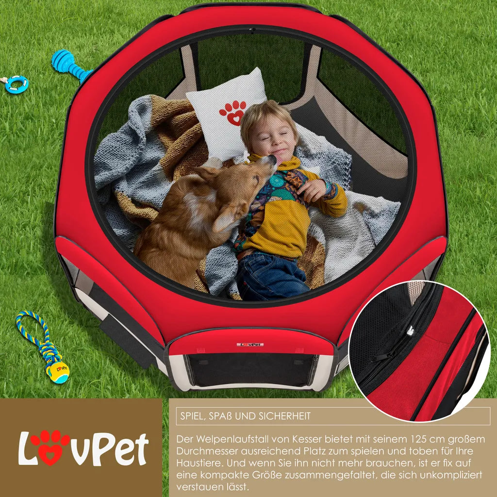  LOVPET® Welpenlaufstall Tierlaufstall Faltbar Für Kleintiere Hunde, Katzen Inkl. Hundenapf Hundelaufstall Freigehege Oxfordgewebe Pop-up System Indoor & Outdoor, Farbe:Rot / Beige
