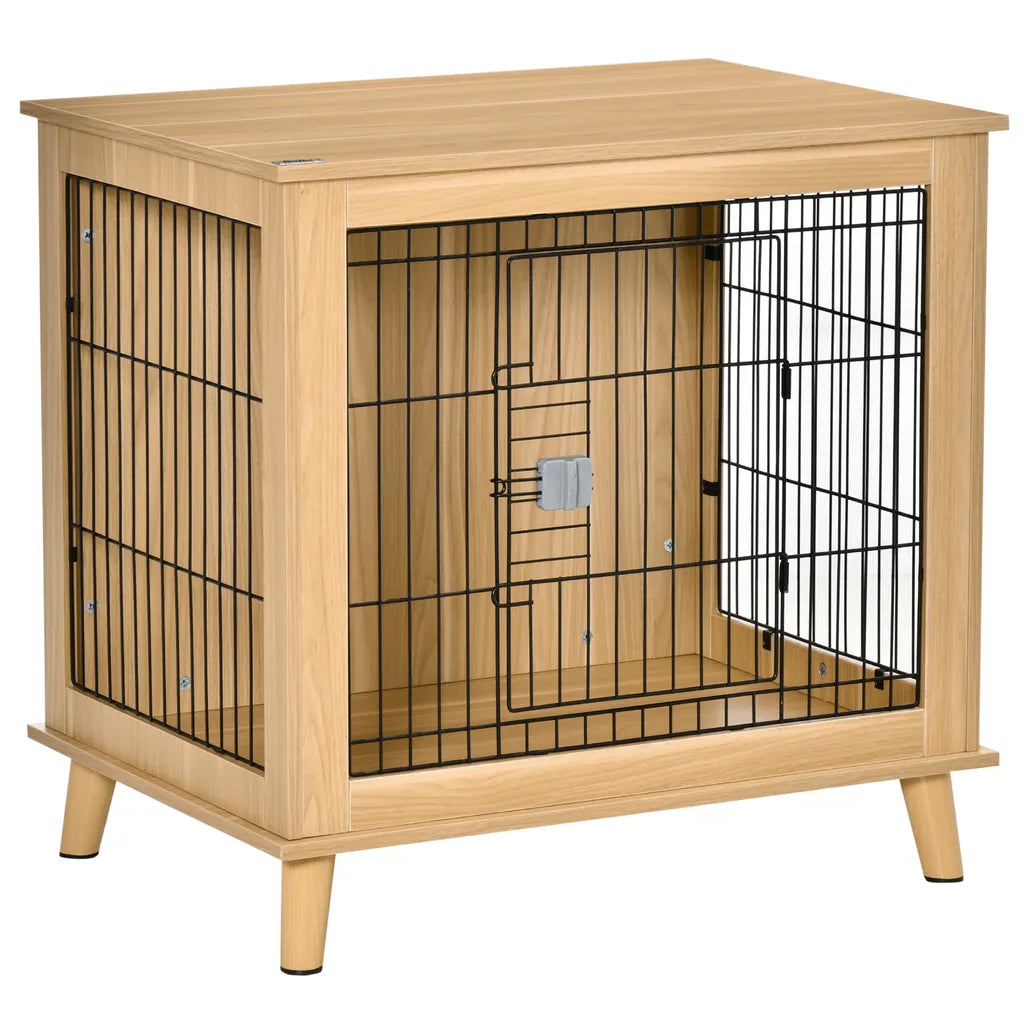  PawHut Hundekäfig Aus Holz Transportbox Mit Tischoberfläche Erhöhtes Design Hundebox Transportkäfig Innen Zuhause Tierkäfig Haustier Natur 81 X 58,5 X 76 Cm