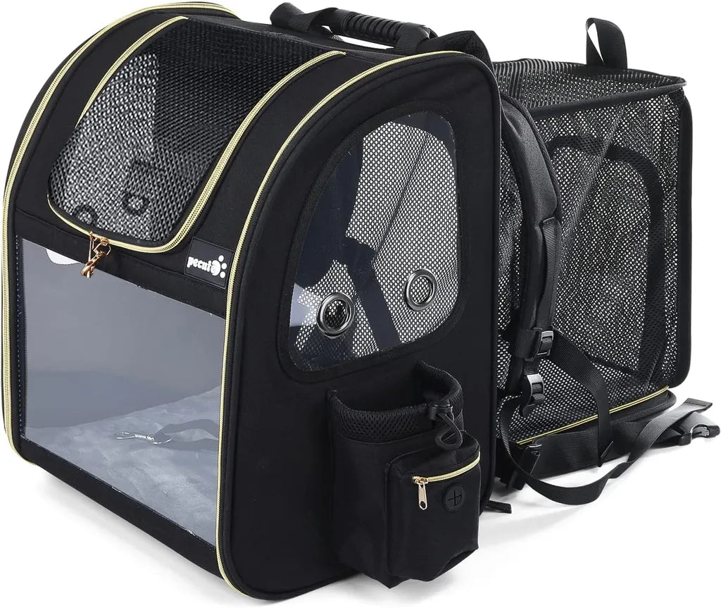  Pecute Hundetransportboxen Haustier Rucksack Hunderucksack Bis 5kg,mit Transparentes Fenster Schwarz,Erweiterbar Faltbar, Für Hunde Katzen Haustiere(34 * 27 * 42cm)