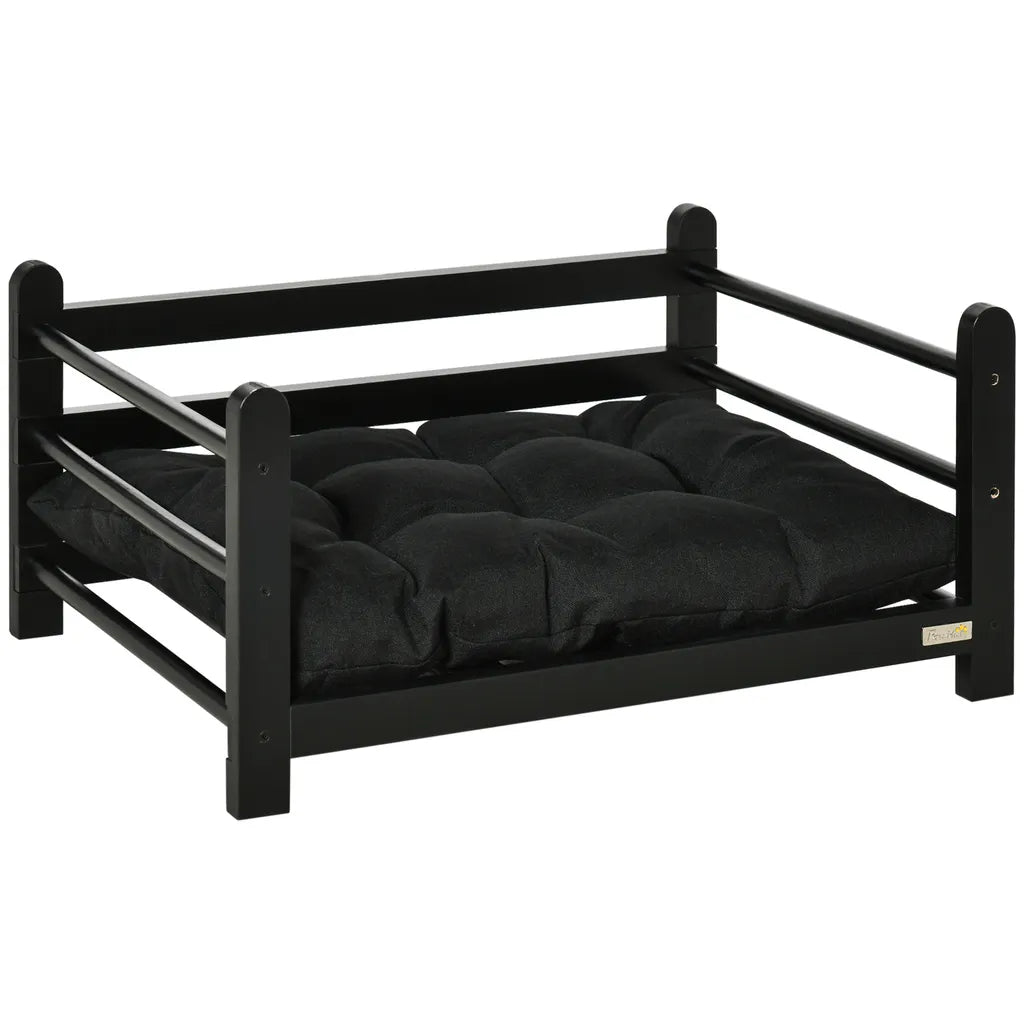  PawHut Erhöhtes Hundebett Mit Kissen Holzrahmen Haustierbett Hundeschlafplatz Für Kleine Hunde Schwarz 65 X 51 X 32 Cm
