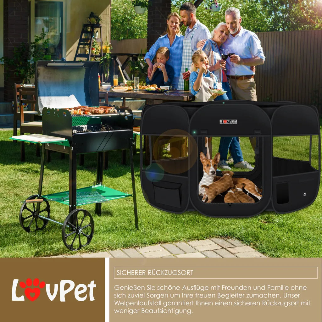  LOVPET® Welpenlaufstall Tierlaufstall Faltbar Für Kleintiere Hunde, Katzen Inkl. Hundenapf Hundelaufstall Freigehege Oxfordgewebe Pop-up System Indoor & Outdoor, Farbe:Schwarz
