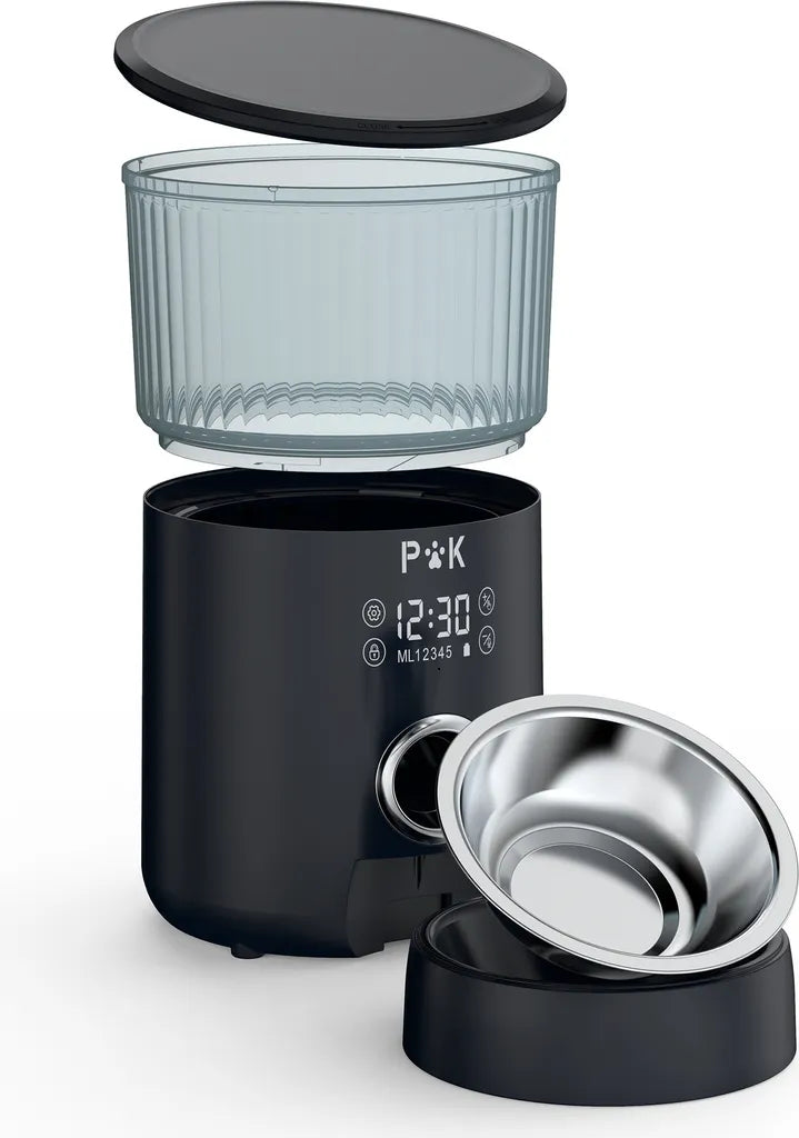  P&K 4L Automatischer Futterautomat Touch Futterspender Für Katzen Und Hunde, 1-5 Mahlzeiten Pro Tag, Netzteil / Batterie, Schwarz