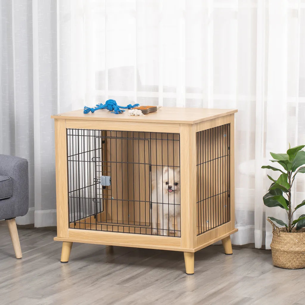  PawHut Hundekäfig Aus Holz Transportbox Mit Tischoberfläche Erhöhtes Design Hundebox Transportkäfig Innen Zuhause Tierkäfig Haustier Natur 81 X 58,5 X 76 Cm