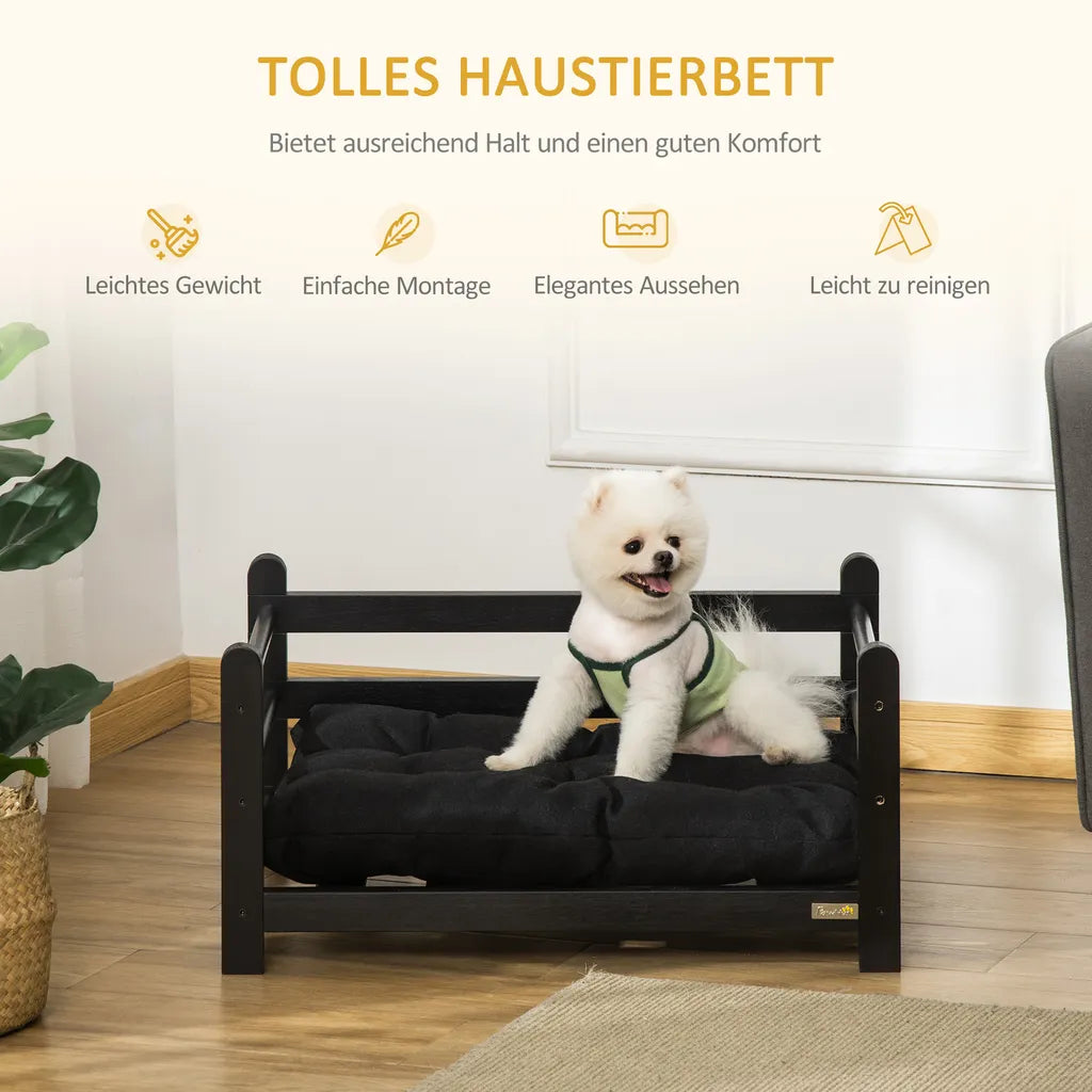  PawHut Erhöhtes Hundebett Mit Kissen Holzrahmen Haustierbett Hundeschlafplatz Für Kleine Hunde Schwarz 65 X 51 X 32 Cm