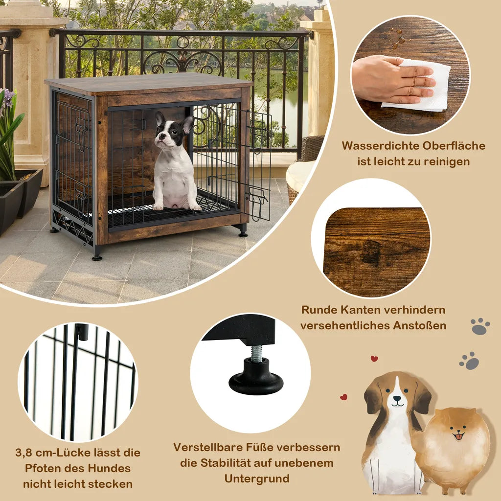  COSTWAY Hundekäfig Mit Doppeltüren, Hundebox 69x47x61cm Inkl. Herausnehmbares Tablett & Gittertüren, Haustierkäfig, Beistelltisch, Braun