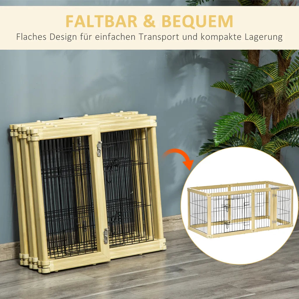  Pawhut Freigehege 6 Stücke Schutzgitter DIY-Laufstall Welpenauslauf Freilaufgehege Mit Tür Für Kleine Hunde Klappbar Naturholz 420 X 62 Cm