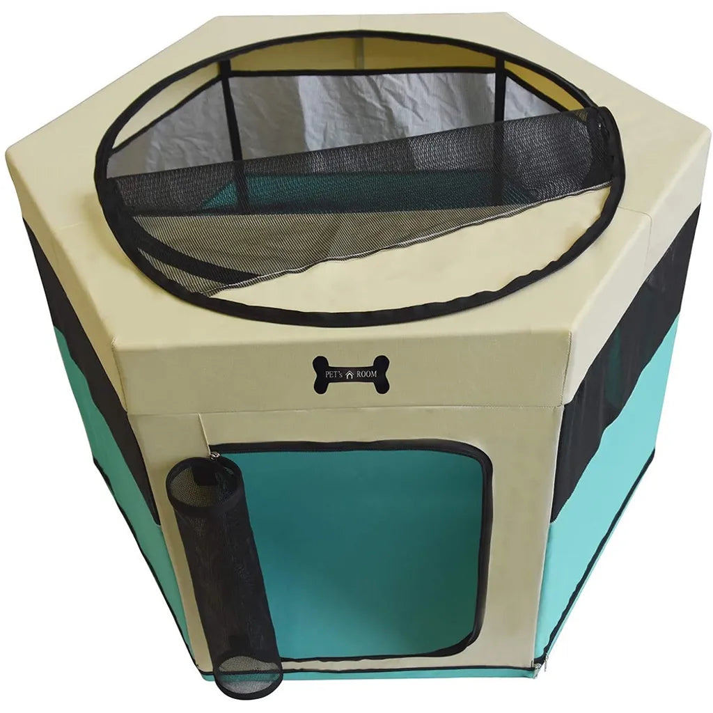 Mucola Welpenlaufstall Welpenauslauf Tierlaufstall 73x73x43 CM Türkis Beige Faltbar Freilaufgehege Hund Katze Kleintiere Hasen Haustier