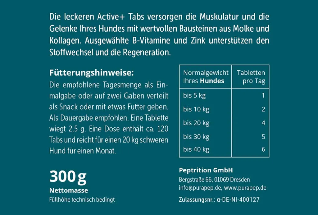  Purapep Active+ Tabs Für Aktive Hunde - Unterstützt Muskulatur Und Gelenke 300g