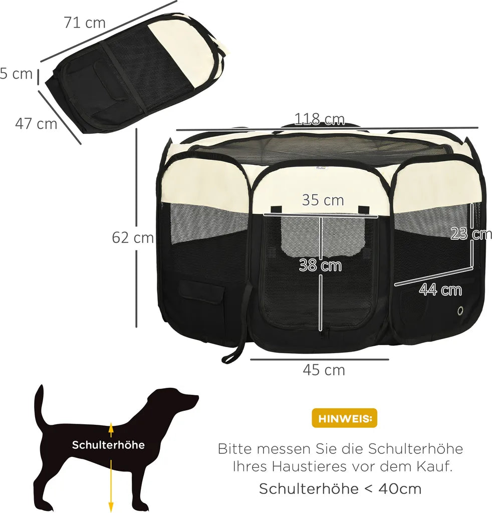  PawHut Welpenlaufstall Tierlaufstall Faltbarer Welpenauslauf Freigehege Laufstall Aus Oxfordstoff Für Kleine Hunde Und Katzen Wasserdicht Tragbar Cremeweiß+Schwarz 118 X 118 X 62 Cm