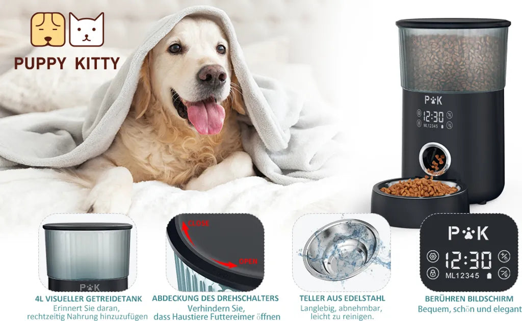  PUPPY KITTY 4L Touchscreen Automatischer Futterautomat Für Katze Und Hund, Timer Futterspender Mit 1-5 Mahlzeiten, Mit Benutzerdefinierter Abgabeton, Portionskontrolle, Edelstahlschale, Schwarz