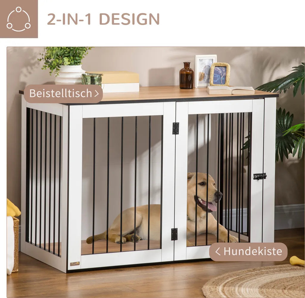  Pawhut Hundekäfig Schrank Haustierkäfig Tierkäfig Für Große Hunde Hundehütte Mit Tischoberfläche Hundebox Innen Spanplatte Dunkelwalnuss+Weiß 106 X 60 X 76 Cm