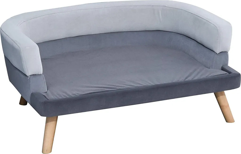  PawHut Hundesofa Mit Rückenlehne, Haustiersofa Mit Holzbeinen, Hundebett Weichem Bezug Katzensofa Grau 86,5x 61x36 Cm