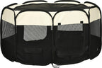  PawHut Welpenlaufstall Tierlaufstall Faltbarer Welpenauslauf Freigehege Laufstall Aus Oxfordstoff Für Kleine Hunde Und Katzen Wasserdicht Tragbar Cremeweiß+Schwarz 118 X 118 X 62 Cm