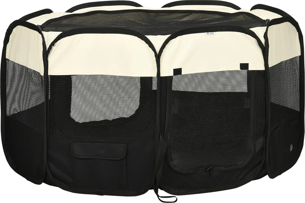  PawHut Welpenlaufstall Tierlaufstall Faltbarer Welpenauslauf Freigehege Laufstall Aus Oxfordstoff Für Kleine Hunde Und Katzen Wasserdicht Tragbar Cremeweiß+Schwarz 118 X 118 X 62 Cm