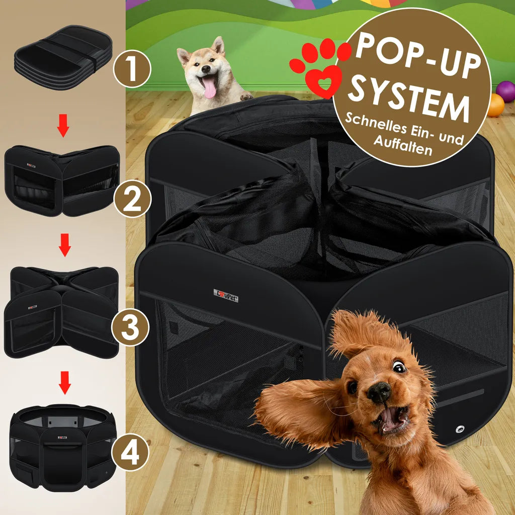  LOVPET® Welpenlaufstall Tierlaufstall Faltbar Für Kleintiere Hunde, Katzen Inkl. Hundenapf Hundelaufstall Freigehege Oxfordgewebe Pop-up System Indoor & Outdoor, Farbe:Schwarz