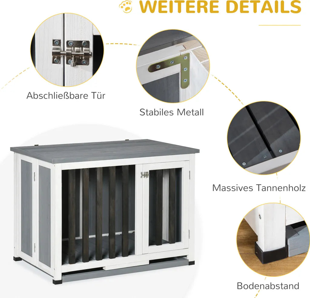  Pawhut Hundehütte Tannenholz Faltbarer Hundekäfig Hundehaus Mit Fenster Transportbox Transportkäfig Haustierkäfig Grau 84,5 X 51,4 X 61 Cm