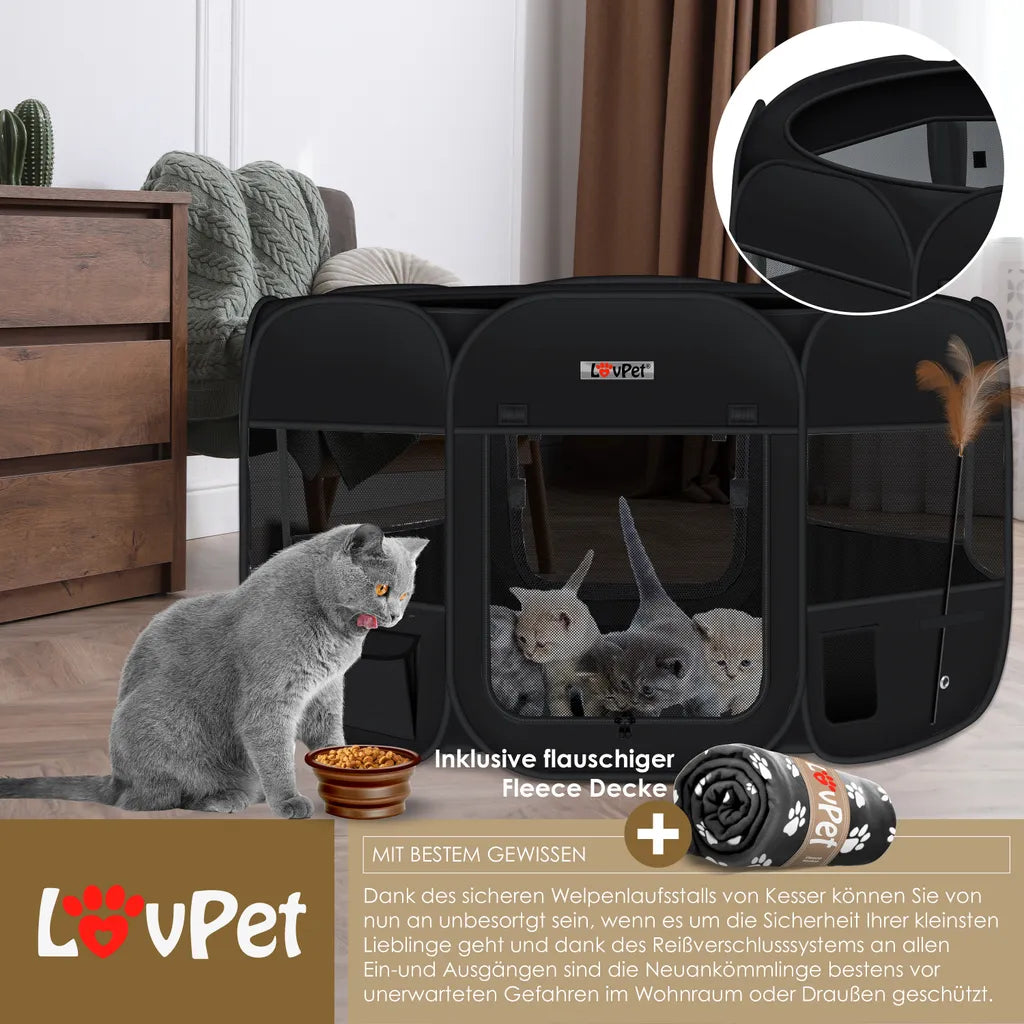  LOVPET® Welpenlaufstall Tierlaufstall Faltbar Für Kleintiere Hunde, Katzen Inkl. Hundenapf Hundelaufstall Freigehege Oxfordgewebe Pop-up System Indoor & Outdoor, Farbe:Schwarz