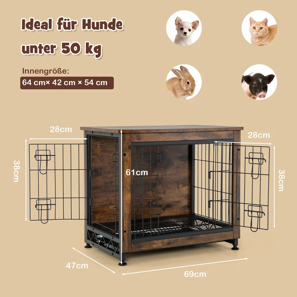  COSTWAY Hundekäfig Mit Doppeltüren, Hundebox 69x47x61cm Inkl. Herausnehmbares Tablett & Gittertüren, Haustierkäfig, Beistelltisch, Braun