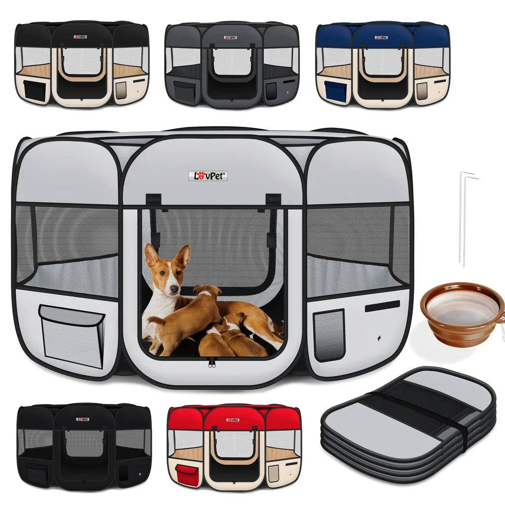  LOVPET® Welpenlaufstall Tierlaufstall Faltbar Für Kleintiere Hunde, Katzen Inkl. Hundenapf Hundelaufstall Freigehege Oxfordgewebe Pop-up System Indoor & Outdoor, Farbe:Rot / Beige