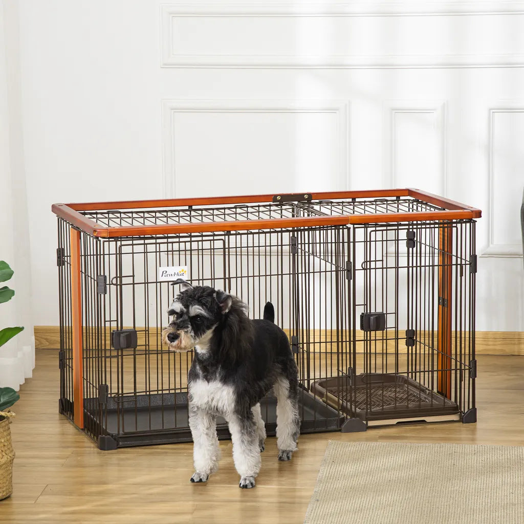  PawHut Hundekäfig Mit Toilette Tablett Hundebox Mit 2 Türen Für Kleine Hunde Tierkäfig Innen Zuhause Stahl Kaffee 111 X 54 X 61 Cm