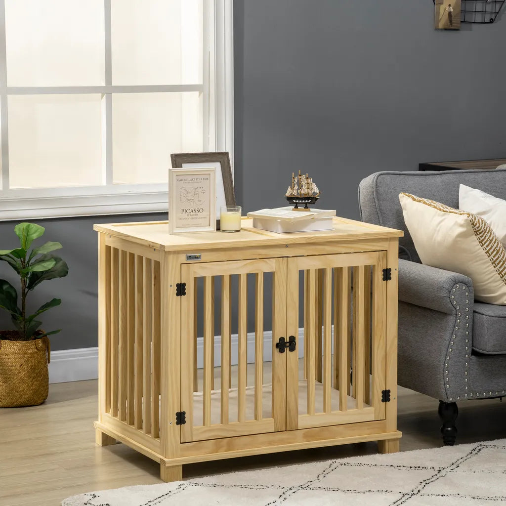  Pawhut Hundekäfig, Tierkäfig Aus Holz, Haustierkäfig Für Mittelgroße Hunde, Hundehütte Mit Kissen, Hundebox, Indoor, Naturholz+Cremeweiß, 82,5 X 57 X 72 Cm