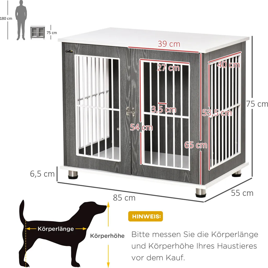  PawHut Hundekäfig Aus Holz Mit Tischoberfläche Schrank Kissen Erhöhtes Design Hundebox Hundehütte Hundekisten Für Mittelgroße Kleine Hunde Beistelltisch Design Innen Grau+Weiß 85 X 55 X 75 Cm