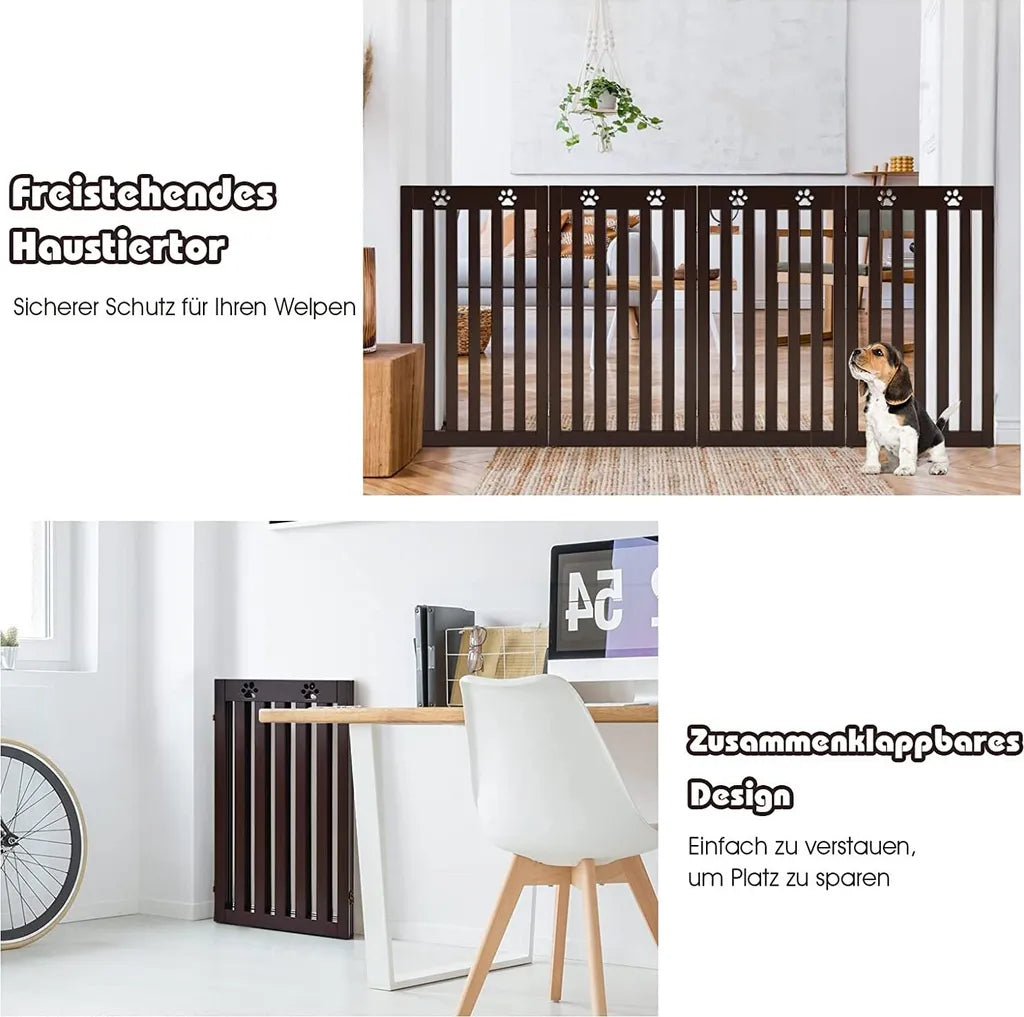  COSTWAY Absperrgitter Hunde 89cm Hoch, Schutzgitter Holz Klappbar, Treppengitter Hundeabsperrgitter Flexibel Türschutzgitter (Braun, 4 Paneelen)