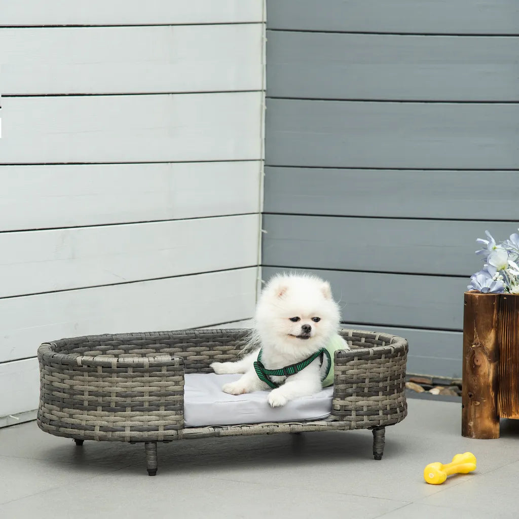  PawHut Hundesofa Rattan Haustiersofa Mit Kissen Hundebett Hundekorb Katzensofa Hundekörbchen Für Kleine Und Mittelgroße Hunde Erhöhtes Design Braun+Grau 74 X 42 X 21 Cm