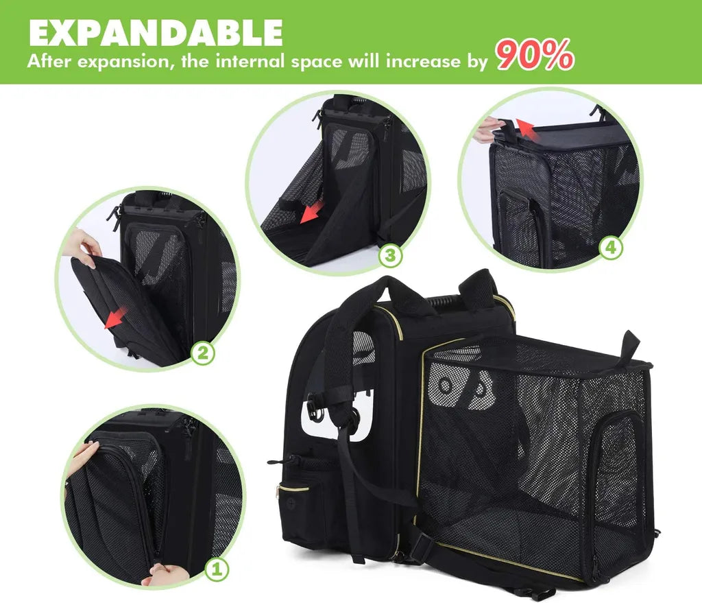  Pecute Hundetransportboxen Haustier Rucksack Hunderucksack Bis 5kg,mit Transparentes Fenster Schwarz,Erweiterbar Faltbar, Für Hunde Katzen Haustiere(34 * 27 * 42cm)