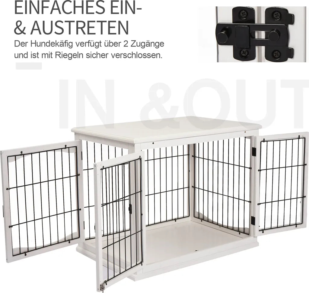  PawHut Hundehütte Hundehaus Transportbox Mit Tischoberfläche Kleintierkäfig Für Innen Hundebox Tierkäfig Haustier MDF Metall Weiß 81 X 58,5 X 66 Cm