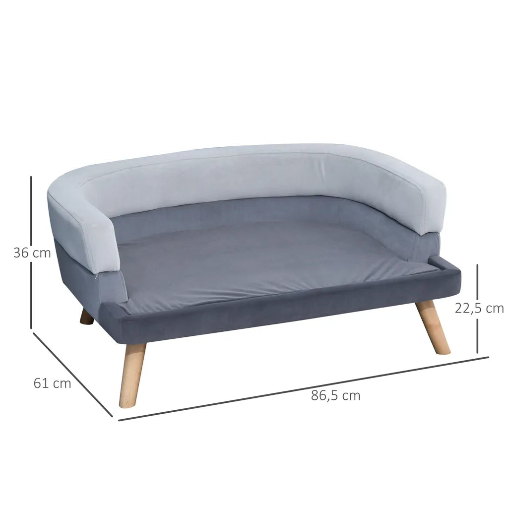  PawHut Hundesofa Mit Rückenlehne, Haustiersofa Mit Holzbeinen, Hundebett Weichem Bezug Katzensofa Grau 86,5x 61x36 Cm