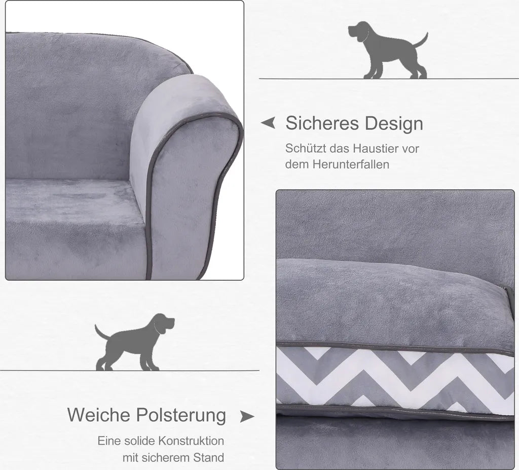  PawHut Hundesofa, Haustiersofa Mit Erhöhten Füßen, Hundecouch, Hundeliege Mit Kissen, Hundebett, Katzensofa, Waschbar, Samt, Grau, 73,5 X 41 X 33 Cm
