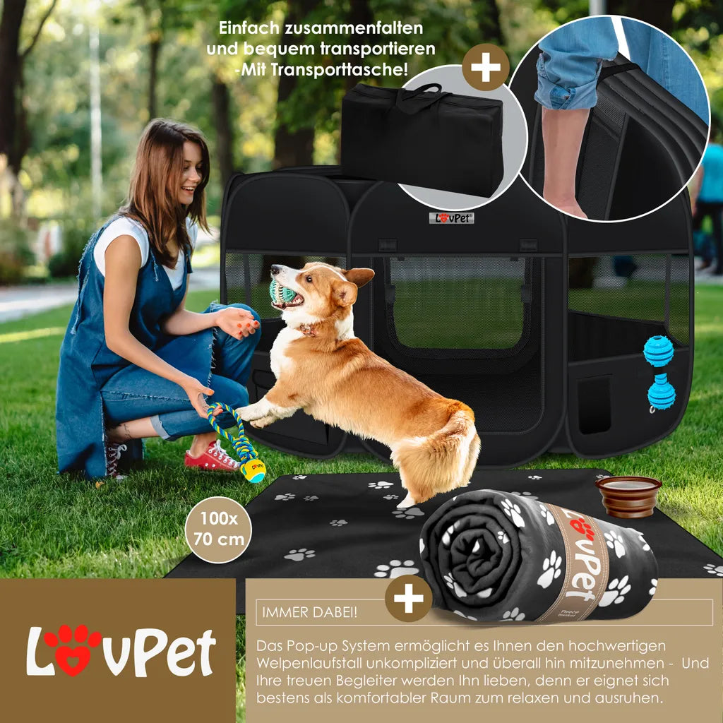  LOVPET® Welpenlaufstall Tierlaufstall Faltbar Für Kleintiere Hunde, Katzen Inkl. Hundenapf Hundelaufstall Freigehege Oxfordgewebe Pop-up System Indoor & Outdoor, Farbe:Schwarz